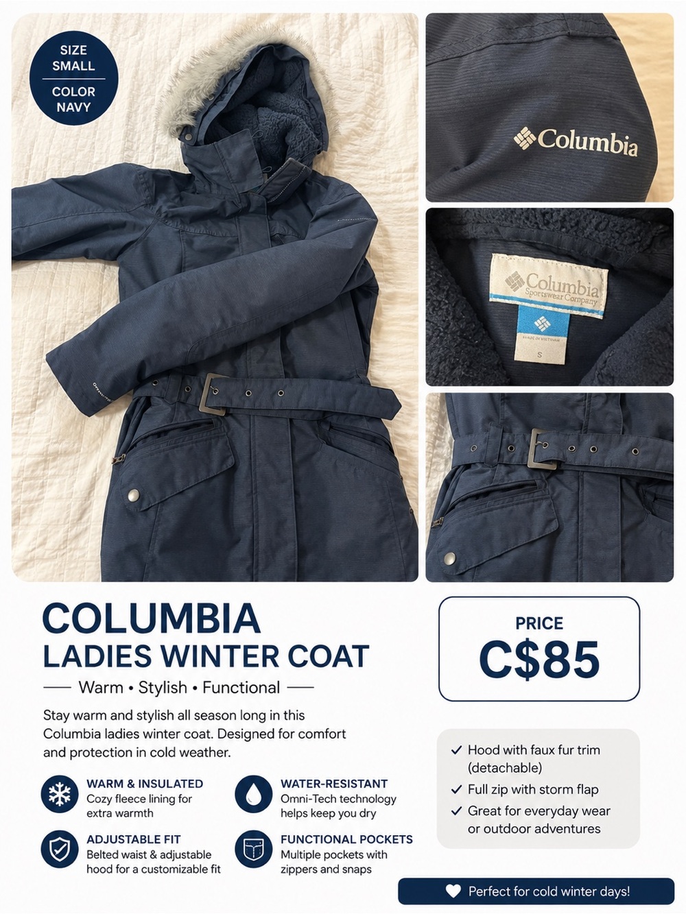 Columbia Navy Women's Trench-Style Winter Coat with Faux Fur Hood